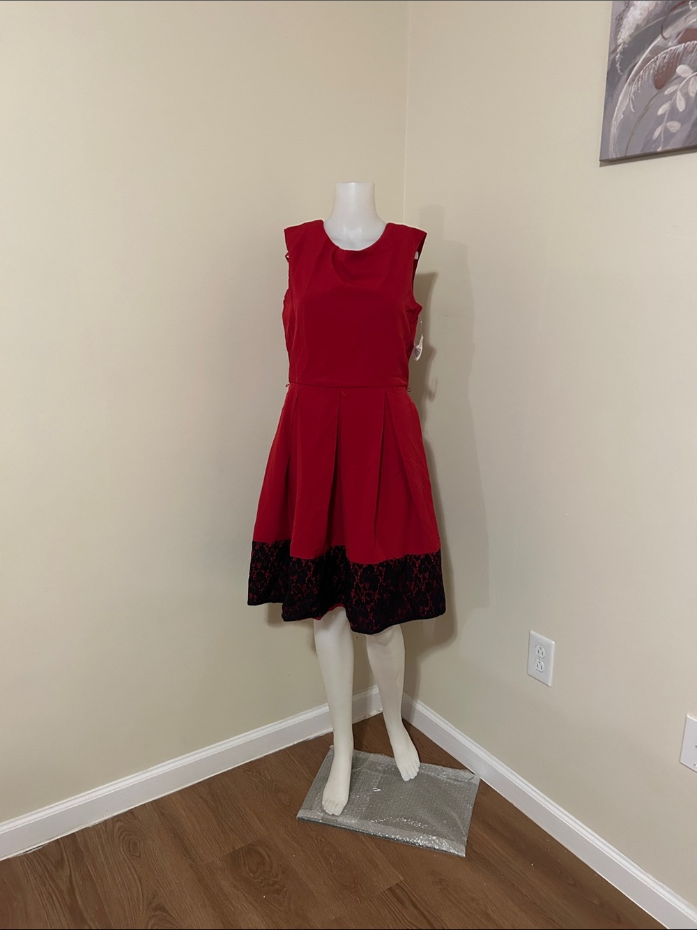 Tiana B. Red Sleeveless Fit-and-Flare Dress with Black Lace Trim